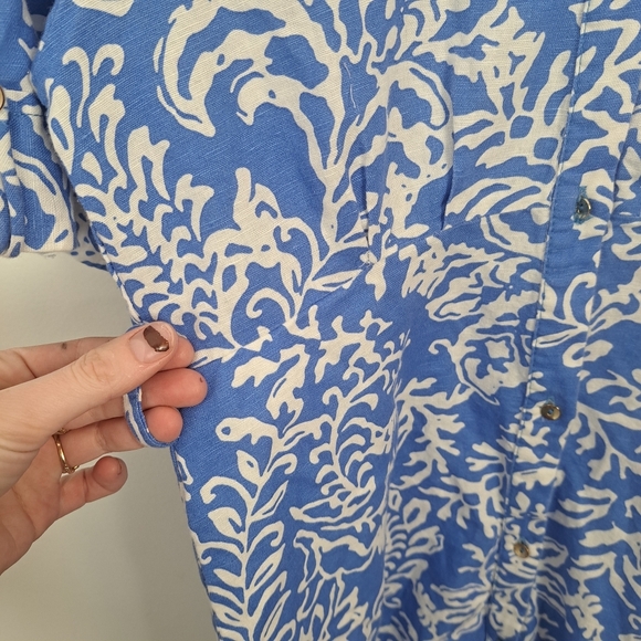 Zara Blue White Floral Printed Linen Blend Coastal Button Up Midi Dress Size L - Picture 5 of 8